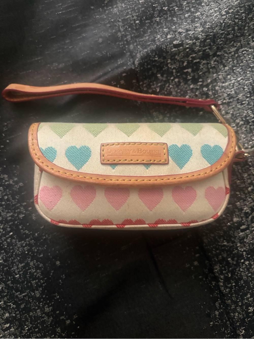 Dooney & Bourke Cream Wristlet with Multicolor Heart Print and Pink Strap